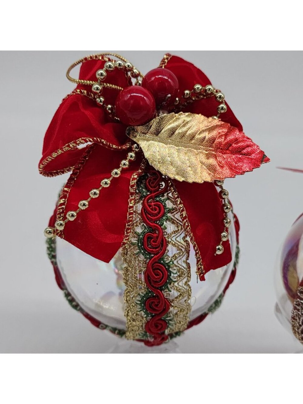 Glass Christmas Ornaments Red & Gold Ribbon Roses Berries Leaves Vintage 3" - Picture 2 of 8